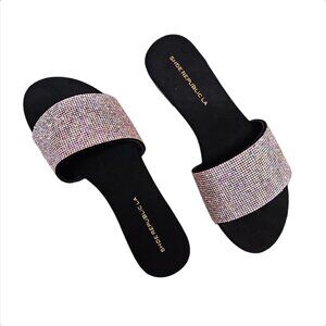 Rhinestone Embellished Slide Sandals Black Sole Multicolor Sparkle Band